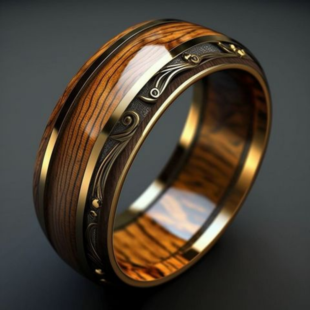 Ring Timbercrest Heritage von Rose & Oliver aus Silber mit gravierten Details, im Bild in Nahaufnahme dargestellt.