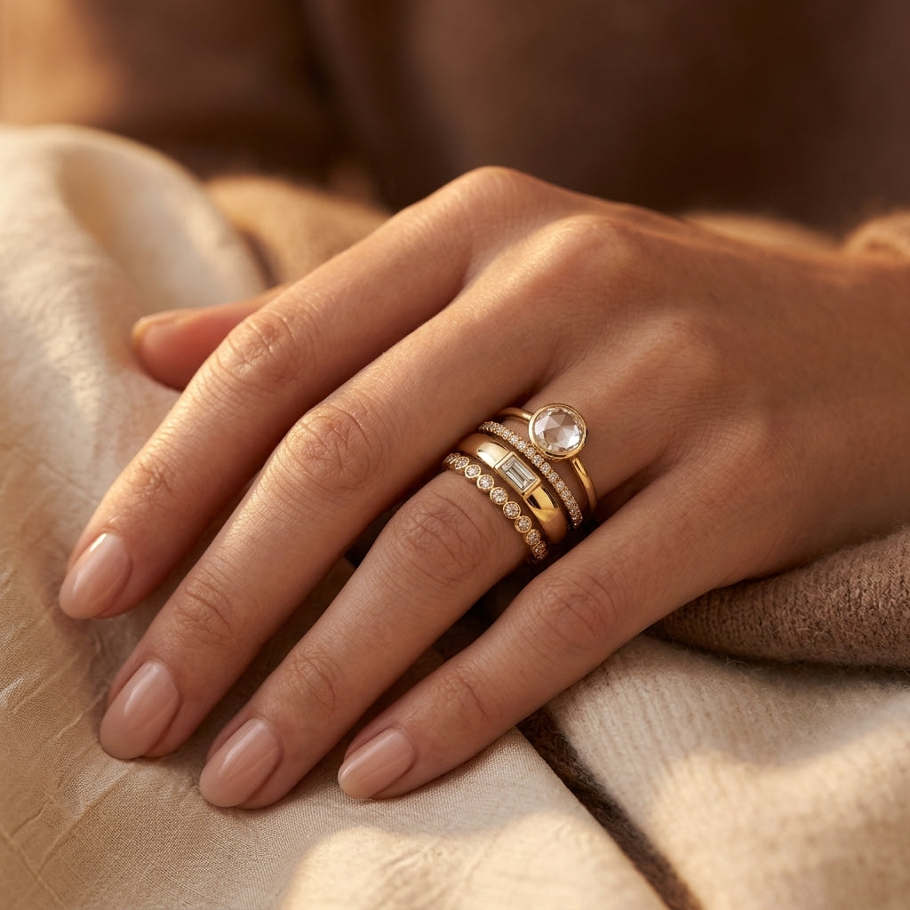 Conjunto de anéis empilhados em ouro da coleção Rose & Oliver, joalheria com detalhes elegantes em estilo moderno.
