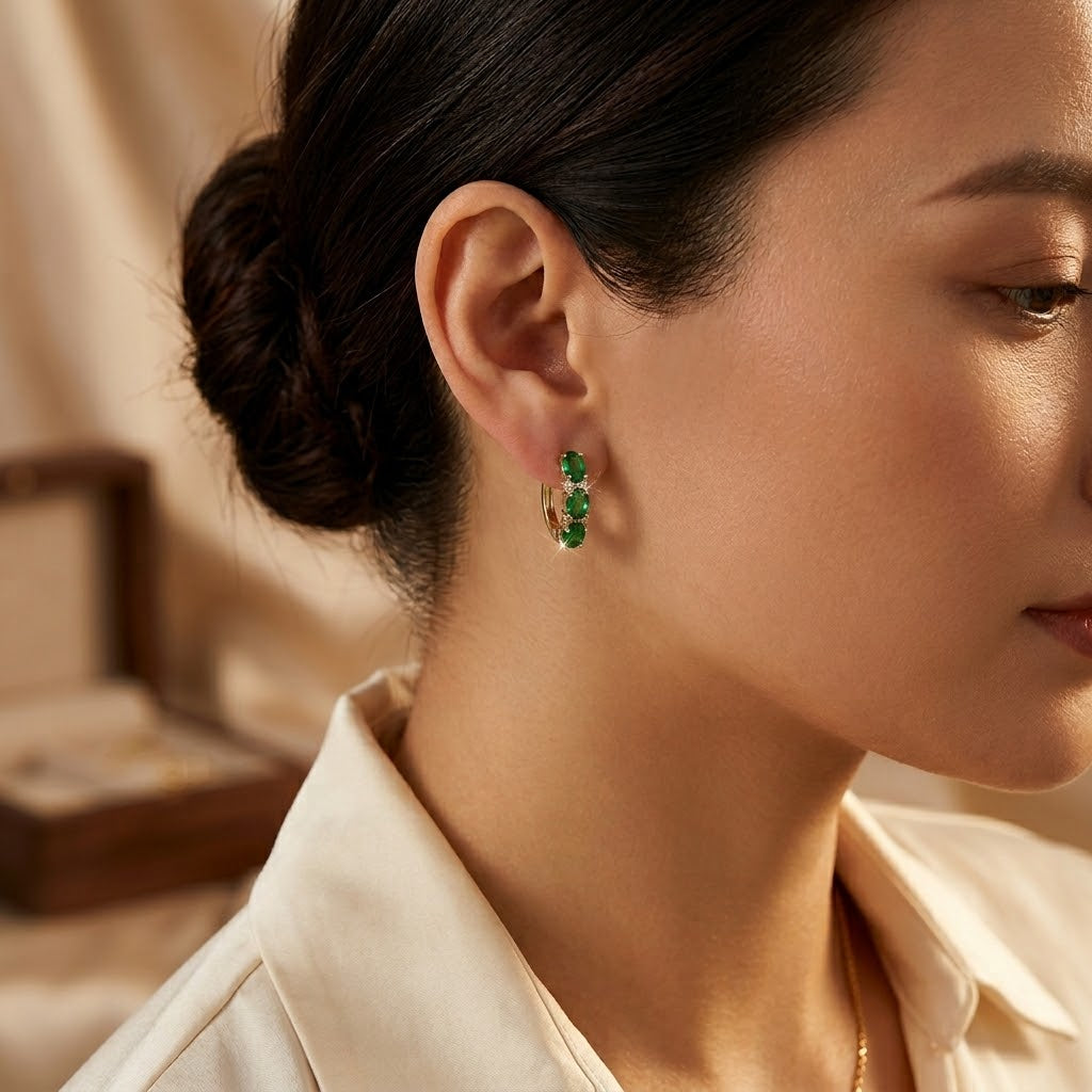 Gold Emerald Vertical Hoop Earrings by Rose & Oliver - product image 2