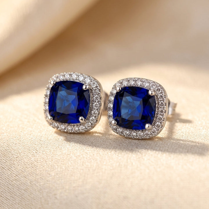 Silver Sapphire Halo Stud Earrings by Rose & Oliver - product image 1