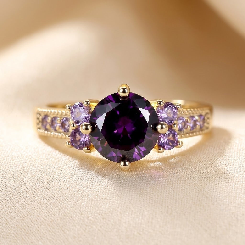 Anel de ouro com detalhe de ametista, estilo de anel de destaque da marca Rose & Oliver, vista frontal com acabamento elegante.