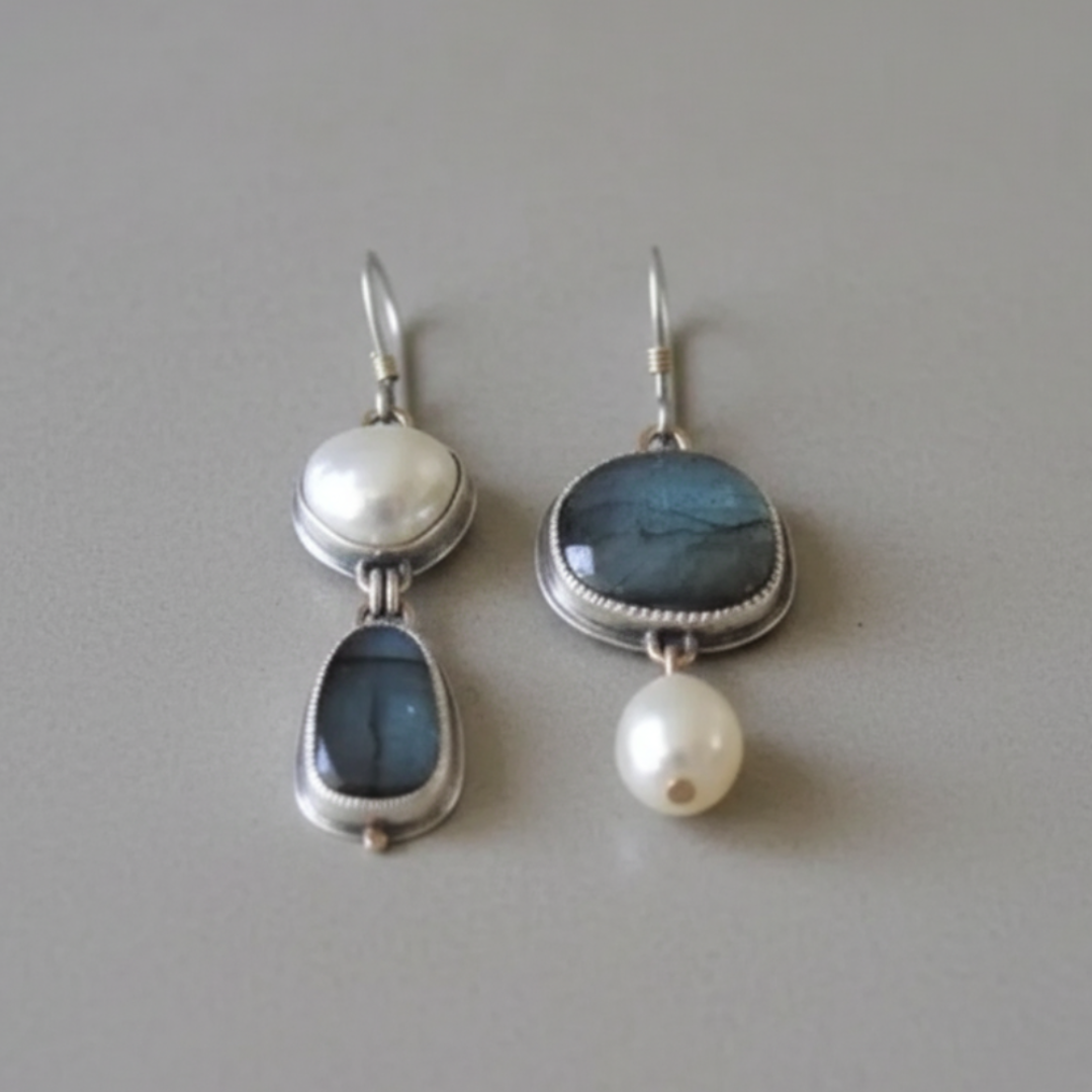 Vintage-Ohrstecker mit blauen Steinen und Perlen von Rose & Oliver, elegante Details im klassischen Stil.