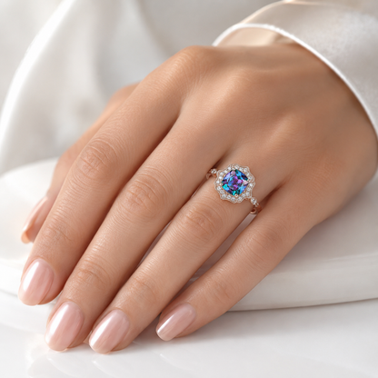Emerald Rose Gold Halo Ring by Rose & Oliver, alternate product view