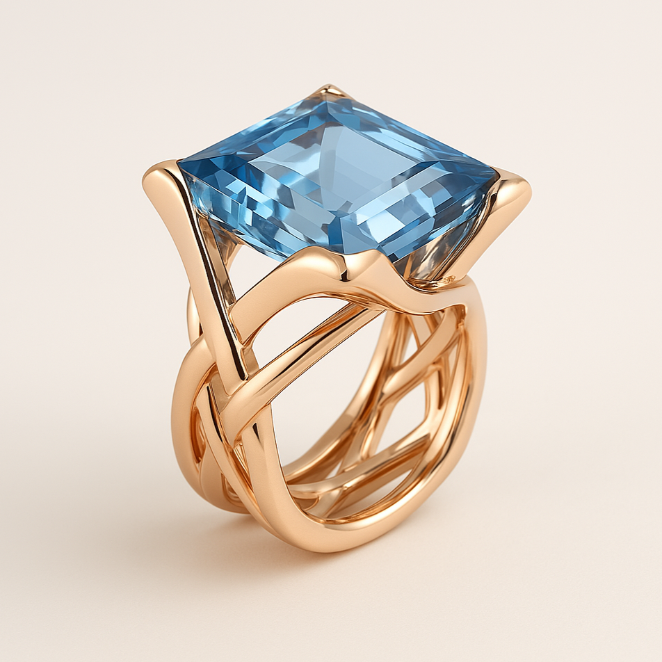 Vintage-Ring Rose & Oliver mit Rosé-Finish und blauen Zirkonen, elegante und zarte Details im Bild.