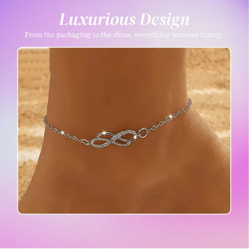 Zarter Knöchelreif aus Silber von Dana mit Unendlichkeitssymbol, von der Marke Rose & Oliver, glänzend mit feinen und eleganten Details.