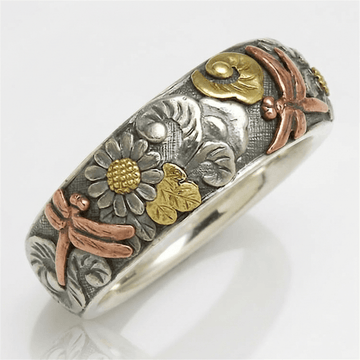 Handmade Dragonfly & Sunflower Vintage Silver Ring by Rose & Oliver - product image 1