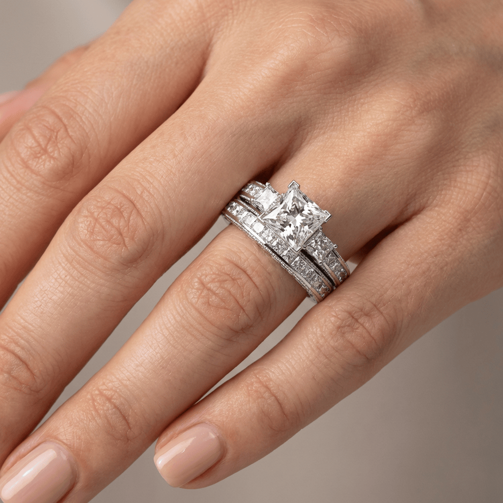 Anel quadrado de prata com diamantes pave da Rose & Oliver, exibindo detalhes brilhantes e acabamento elegante.