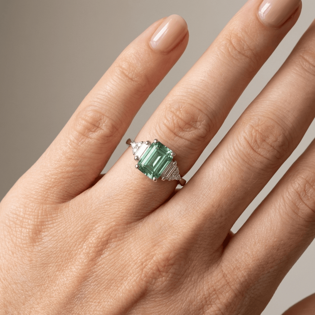 Anel prata com três diamantes da Rose & Oliver, elegante e brilhante, destaque na imagem com detalhes das pedras e acabamento polido.