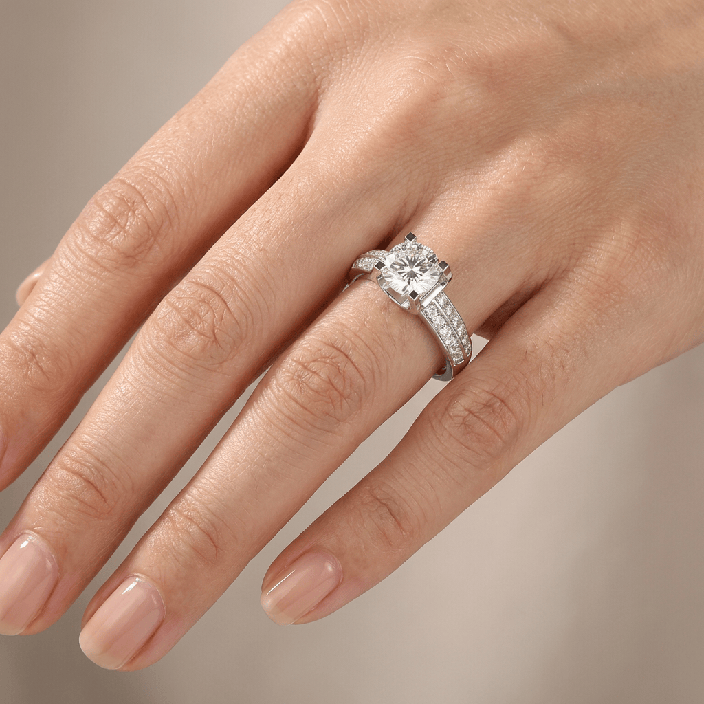 Anel ajustável de prata com diamantes redondos no estilo pave e solitaire, da marca Rose & Oliver.