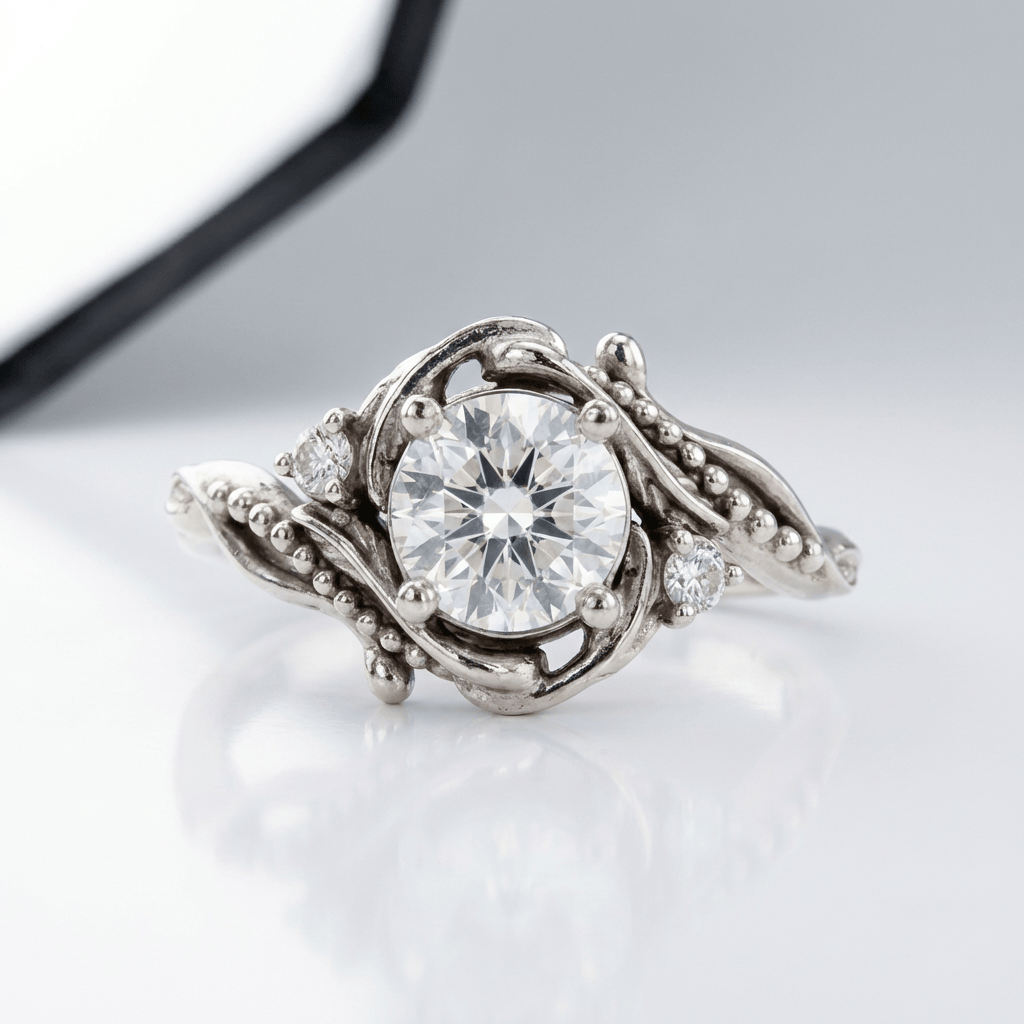 Vintage-Goldring mit ornamentalen Details aus Silber und Diamanten, klassischer Stil, von der Marke Rose & Oliver.