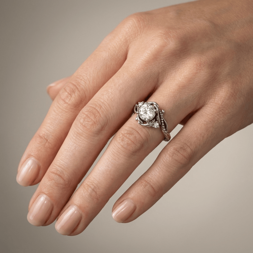 Vintage-Ring aus Silber mit dekorativen Diamanten, detailliert und elegant, von der Marke Rose & Oliver.