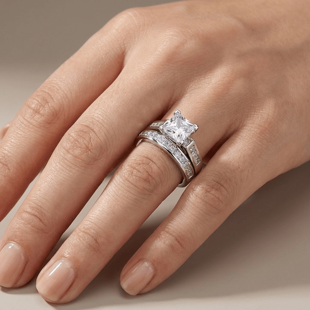 Anel de prata quadrado com zircônia em halo, da marca Rose & Oliver, mostrando o design elegante e detalhes brilhantes.