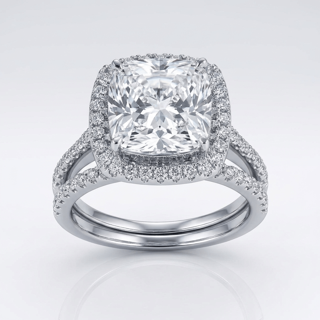 Anel de prata com design quadrado, zirconia e halo, da marca Rose & Oliver, exibindo detalhes brilhantes e acabamento polido.