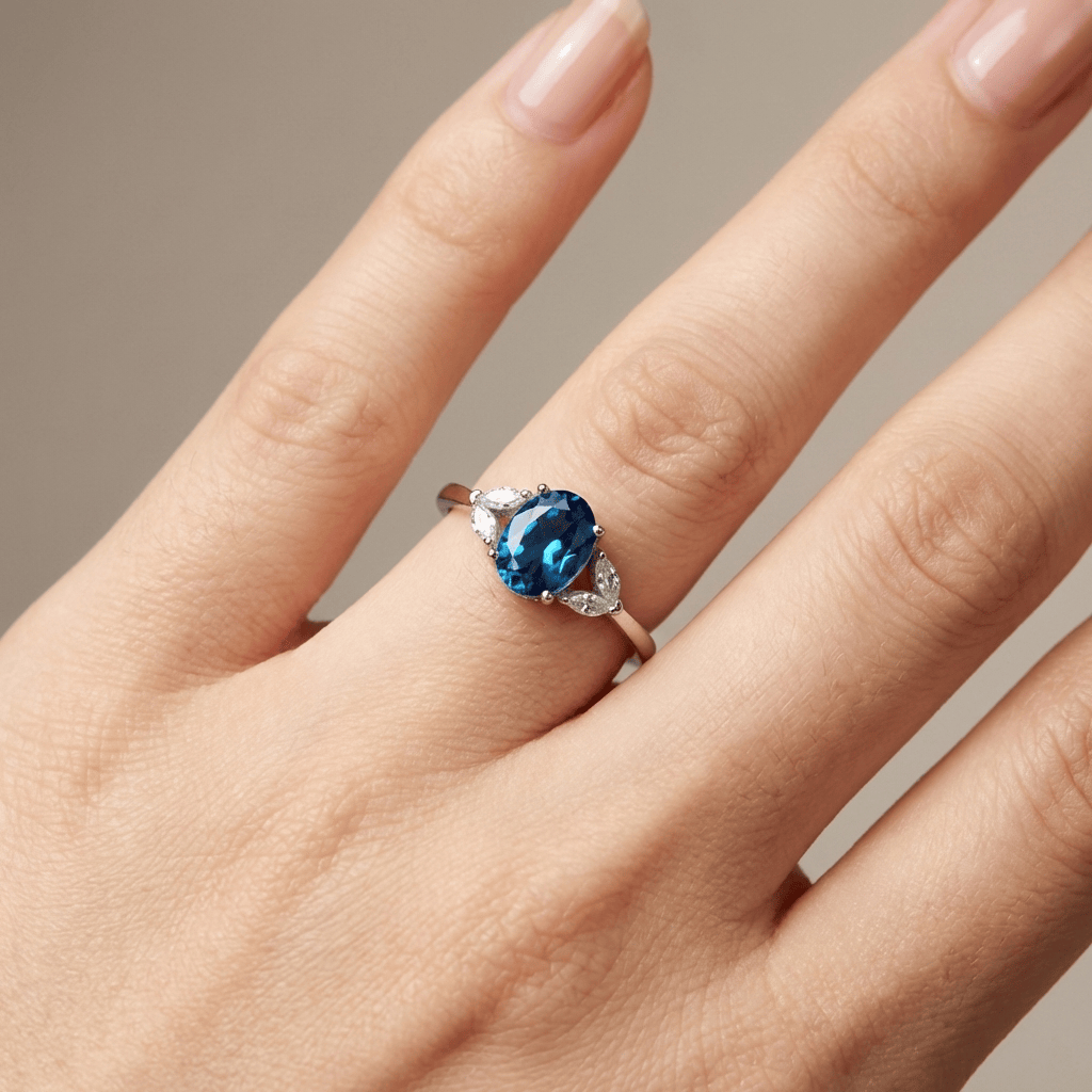 Anel oval de topázio azul prateado ajustável da Rose & Oliver com pedra brilhante e design elegante.