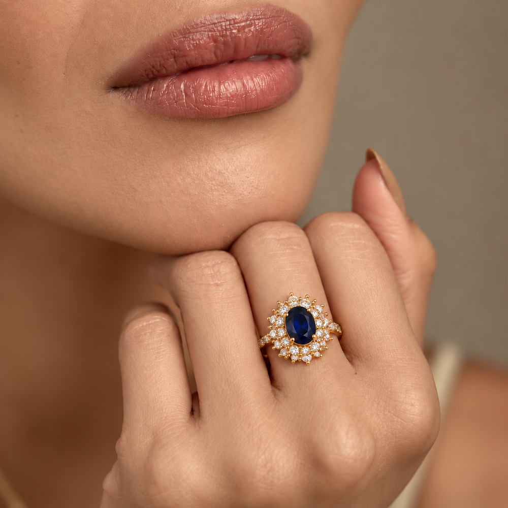 Gold Sapphire Halo Ring