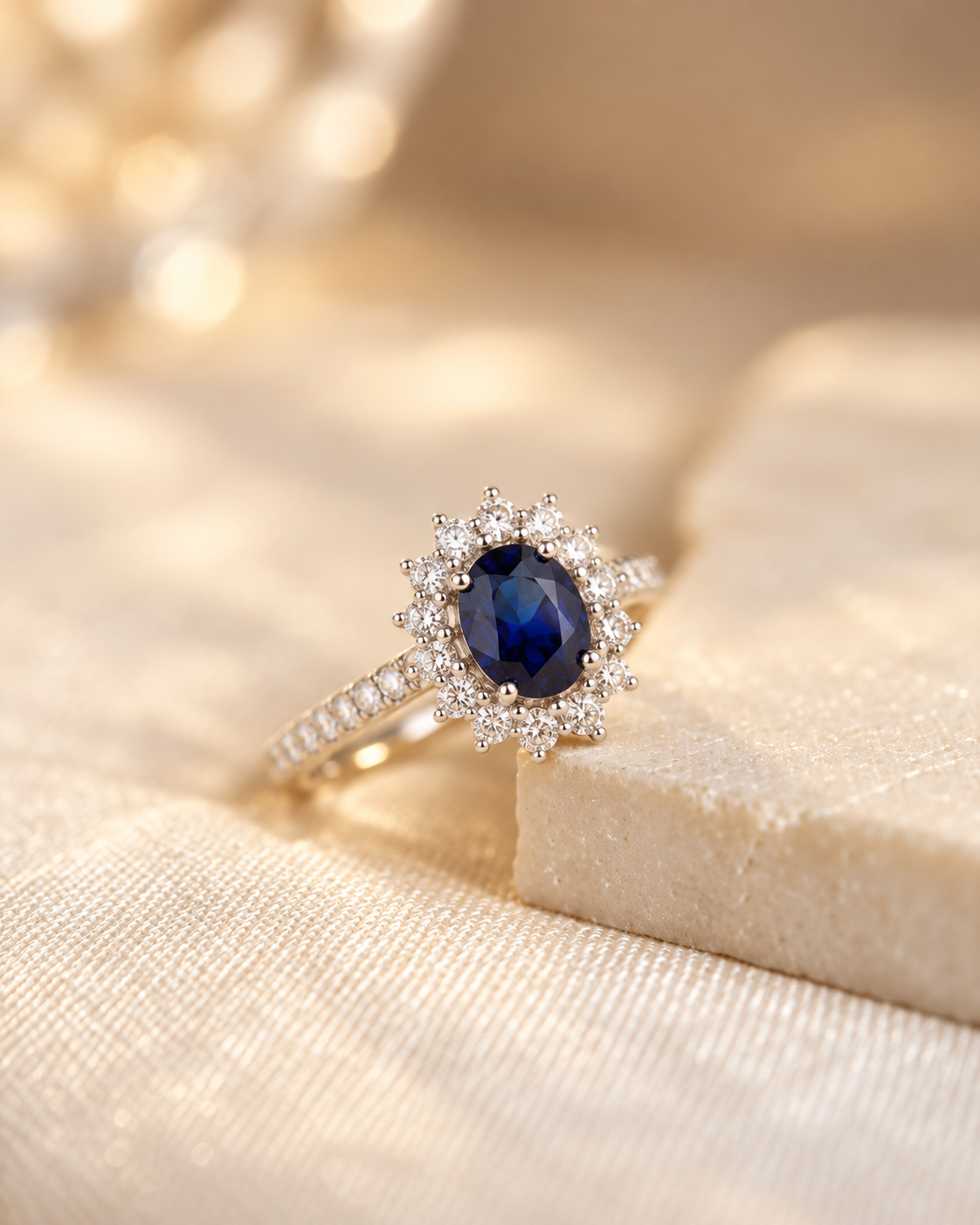 Anel de ouro com halo de safira azul e diamantes, joia elegante da marca Rose & Oliver, mostrado em uma imagem clara.