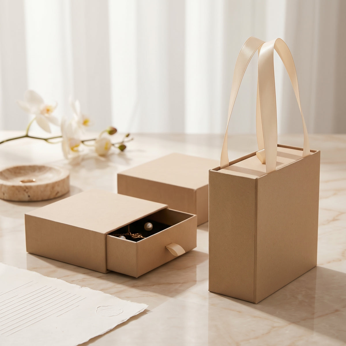 Saco de presente de joias de luxo Rose & Oliver para presente, com acabamento elegante e espaço para bijoux sofisticadas.